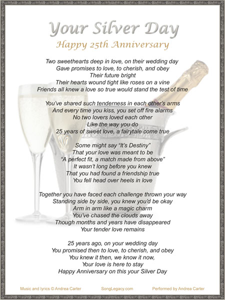 25th wedding anniversary. Lyric Sheet for 25th Wedding