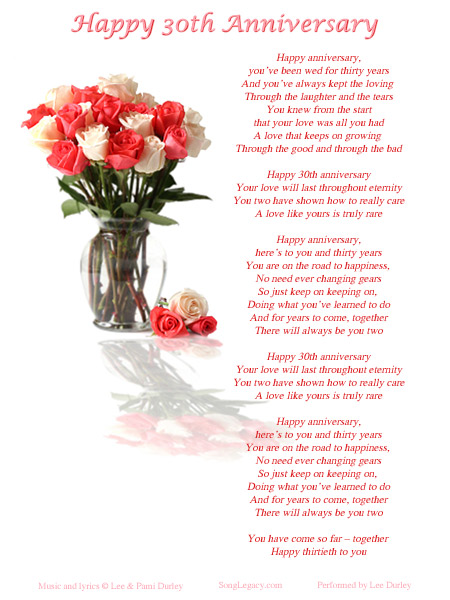 Lyric Sheet for original  30th anniversary song, Happy 30th Anniversary